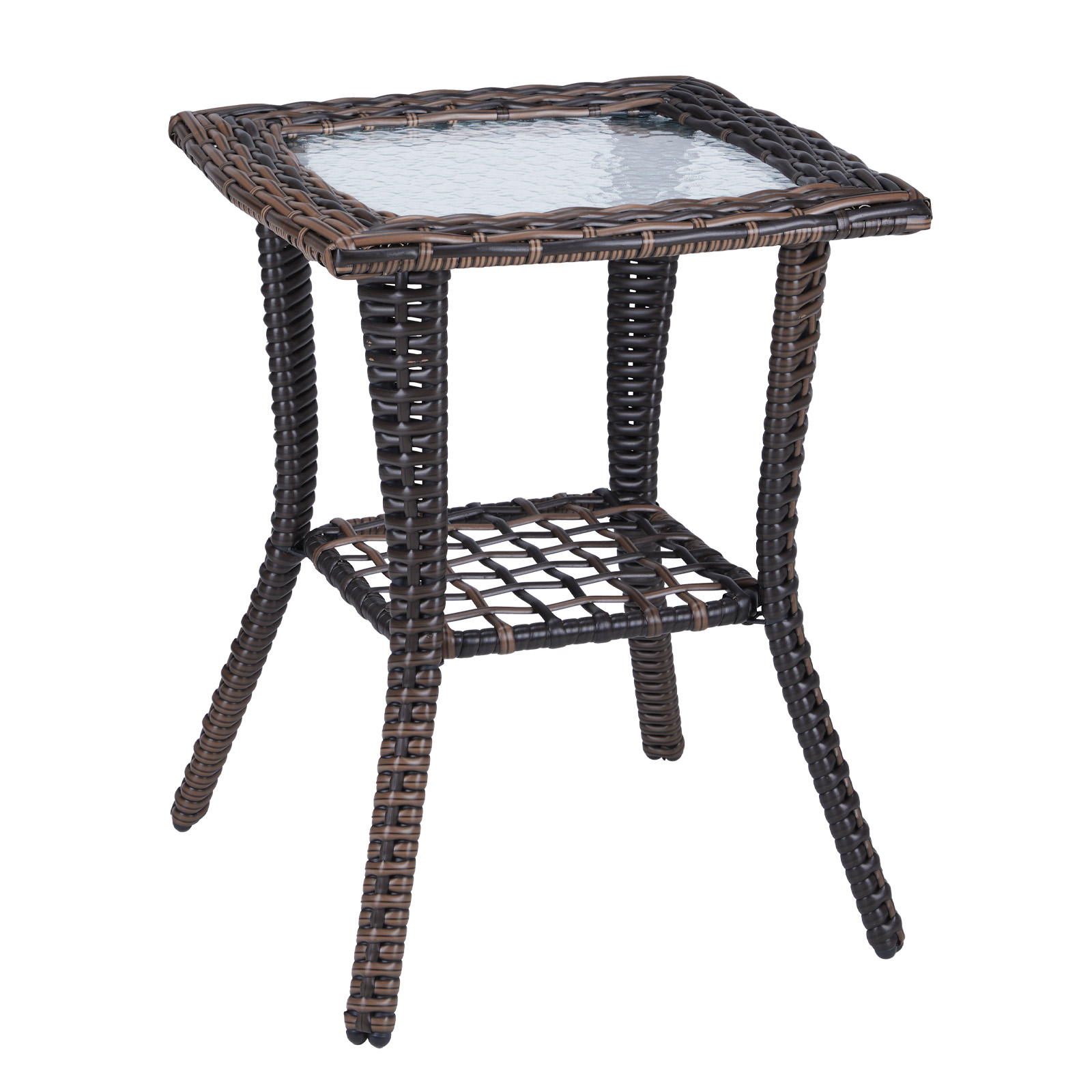 Outdoor Wicker Side Table, Rattan End Table with Glass Top, Patio Coffee Bistro Table for Indoor Garden Porch Balcony, Brown